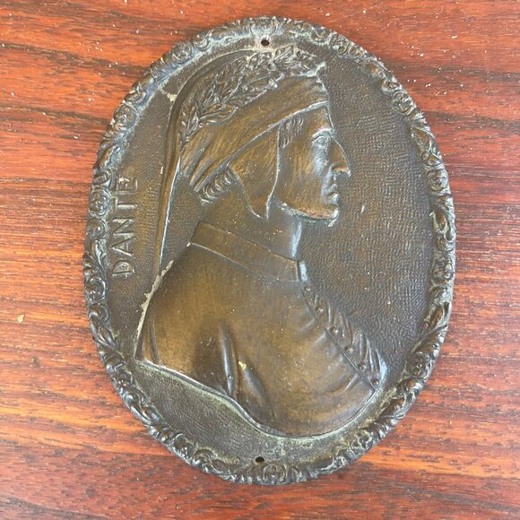 Mission Period French Oval Bronze Portrait of Dante & Beatrice Plaques - Picture 1 of 4